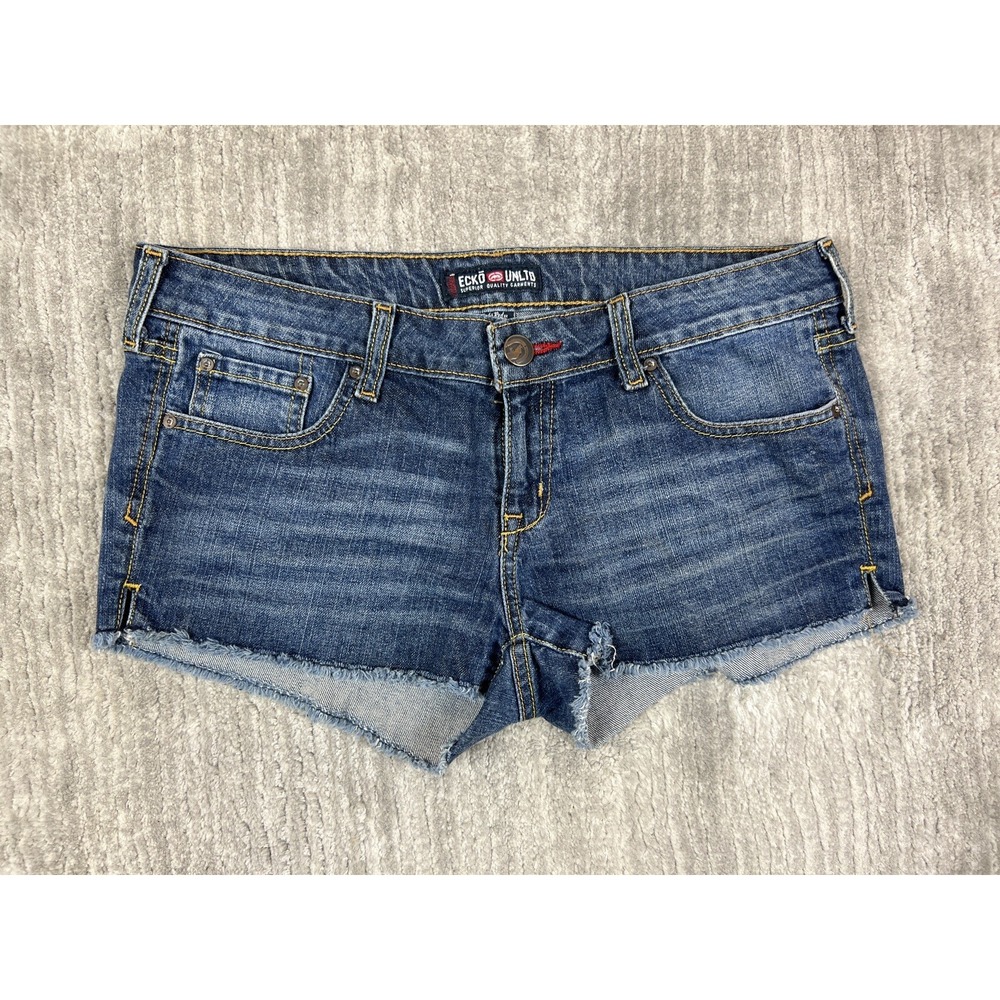 Ecko Unltd Shorts Womens 9/10 Blue Denim Cut Off Raw Hem Mid Rise Y2K Streetwear